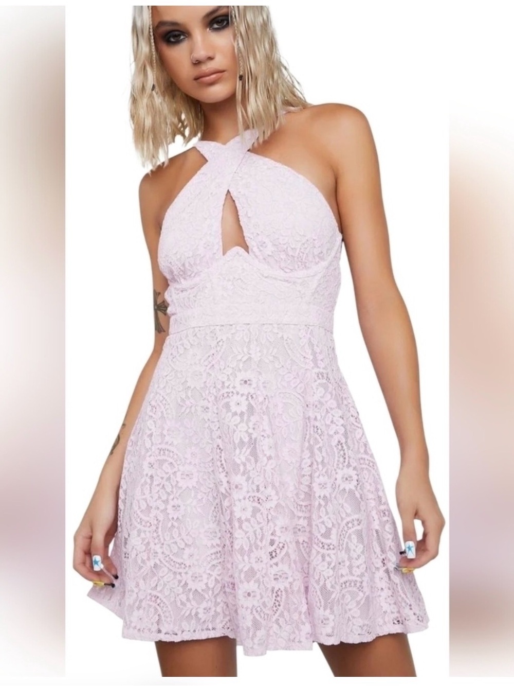 For Love & Lemons Pink Carmela Lace Halter Dress  size Small NWT
